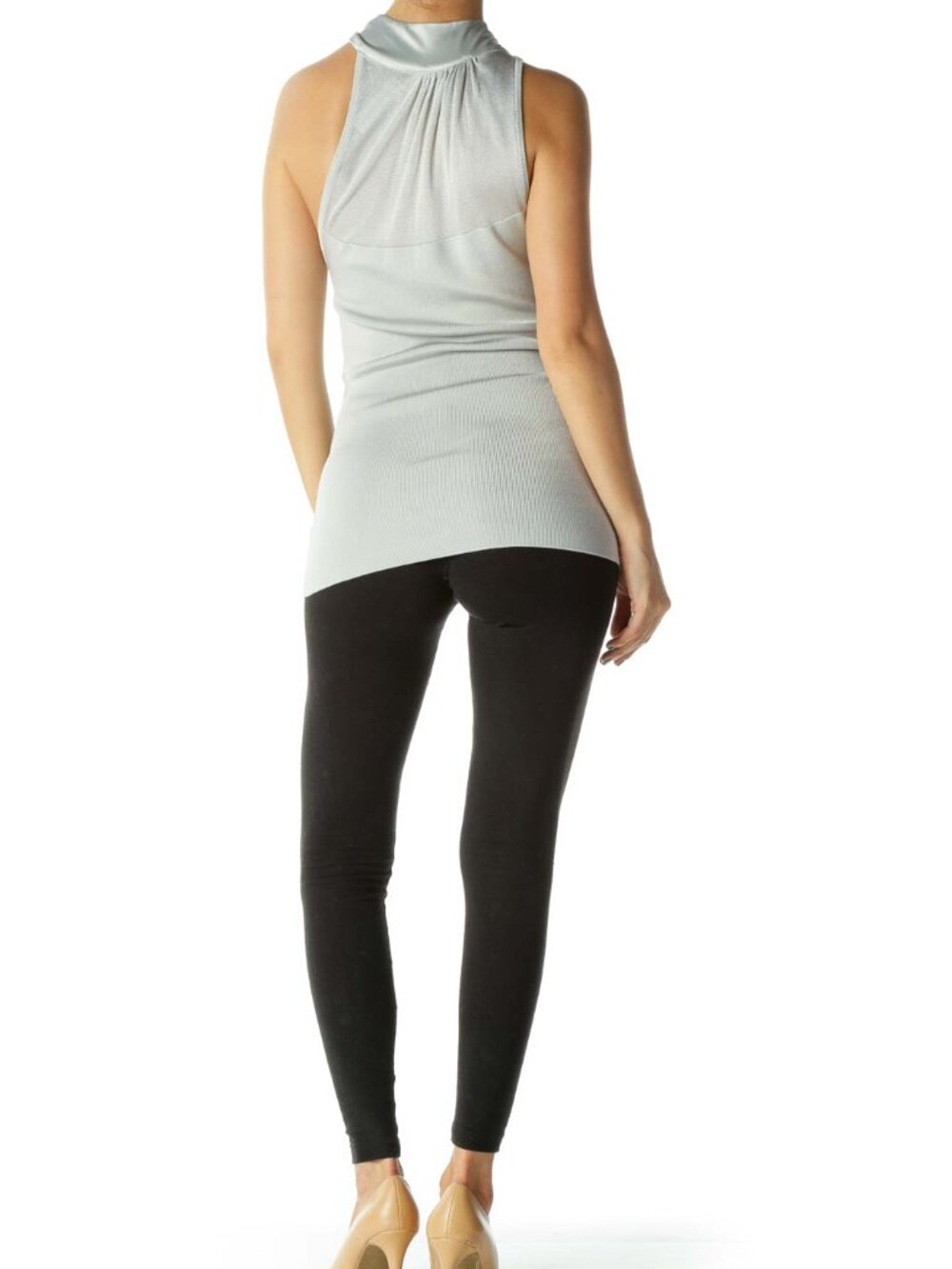 White House Black Market Silver Knit Mixed Media Neck Knot Top - Picture 4 of 4
